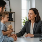 a woman and a child sitting at a table with a child holding a teddy bear
